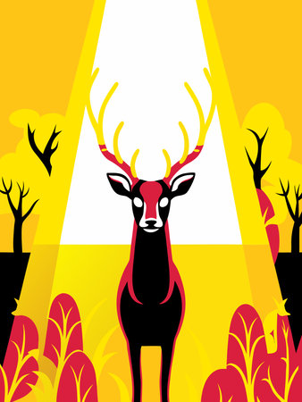 Deer on the background of the forest and the sun. Vector illustrationのイラスト素材