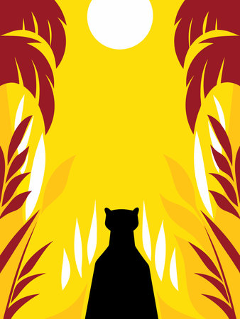 silhouette of a cat on a background of palm trees, vector illustrationのイラスト素材