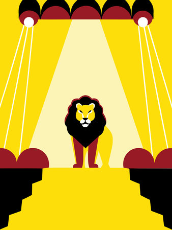 Lion in the circus. Vector illustration on a yellow background.のイラスト素材