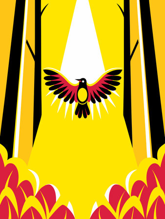 Vector illustration of a bird flying in the forest and looking for preyのイラスト素材
