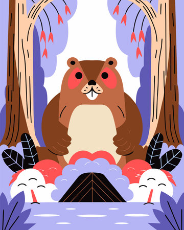Cute bear in the forest. Vector illustration in flat style.のイラスト素材