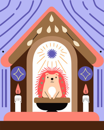 Christmas card with cute hedgehog in the window. Vector illustration.のイラスト素材