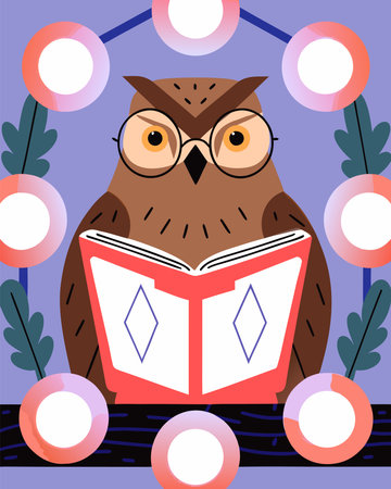 Owl reading a book. Vector illustration in a flat style.のイラスト素材