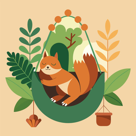 Cute squirrel in hammock. Vector illustration in flat style.のイラスト素材