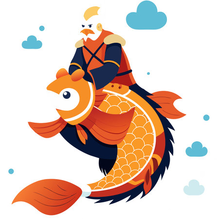 Fisherman with a goldfish on a white background. Vector illustrationのイラスト素材