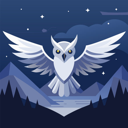 Owl flying in the night sky. Vector illustration in flat style.のイラスト素材