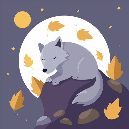 Vector illustration of a wolf sitting on a rock in the autumn forest.のイラスト素材