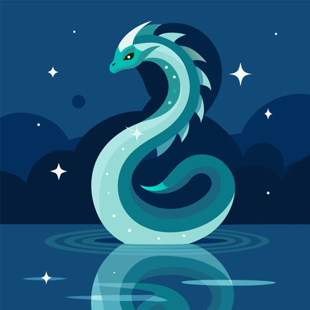 Blue dragon in the night sky. Vector illustration in flat style.