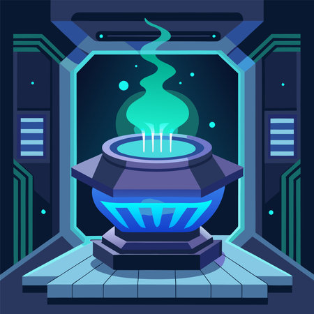 Vector illustration of a fantasy steaming stove in a dark room.のイラスト素材