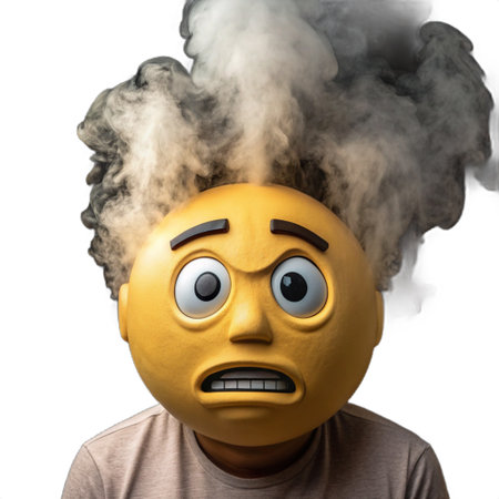 Frightened emoticon with smog and steam on his headの素材