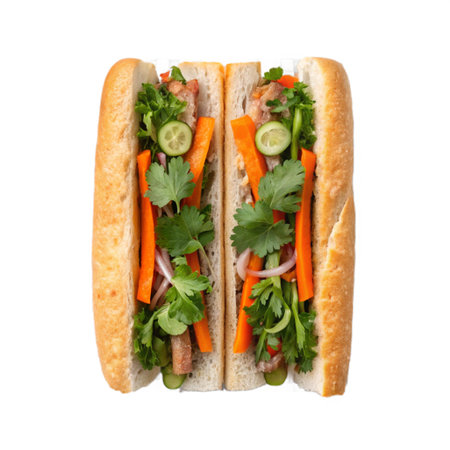 Tasty hot dog with fresh vegetables on white background, top viewの素材
