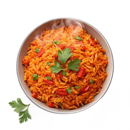 Bowl of delicious spicy rice with tomato sauce on white background, top viewの素材
