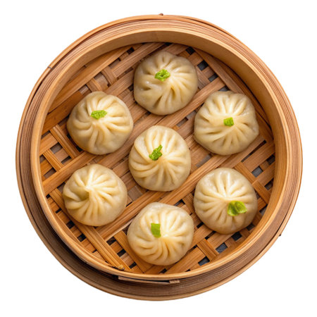 Steamed dumplings in bamboo steamer isolated on white backgroundの素材