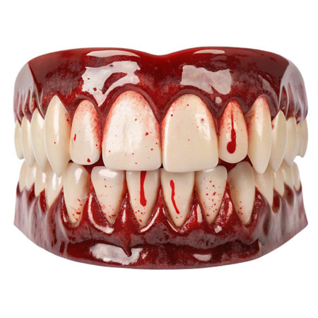 Human jaw model dentures with blood isolated on white background cutoutの素材