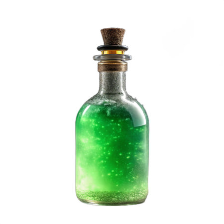 Green magic potion in bottle isolated on white background with clipping path.の素材