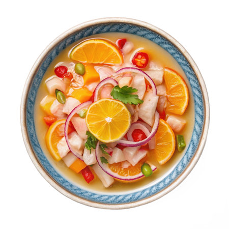 Bowl of fresh fish soup on white background, top view. Healthy foodの素材
