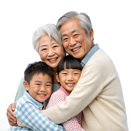 Happy asian senior couple with their children isolated on a white backgroundの素材