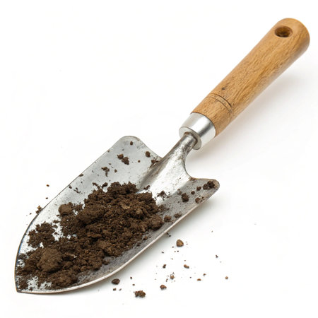 Garden trowel and soil isolated on a white background.の素材