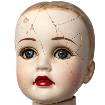 Close-up portrait of a female doll with cracked face isolated on white backgroundの素材