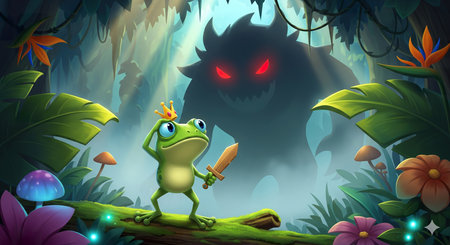 Illustration of a green frog in the jungle with a monster in the backgroundの素材