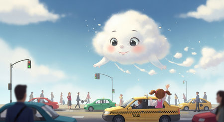 Cute cartoon cloud with people on the background of the road.の素材
