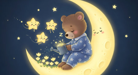 Cute bear with a watering can on the background of the moonの素材