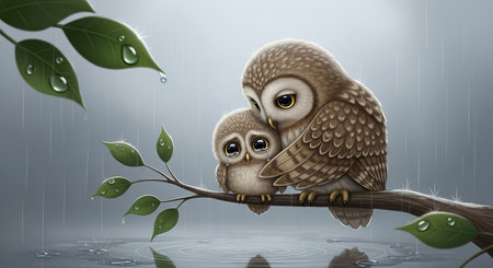Two owls on a branch with raindrops. 3d renderingの素材
