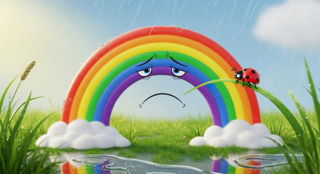 rainbow with ladybug in the grass. 3d illustration.の素材