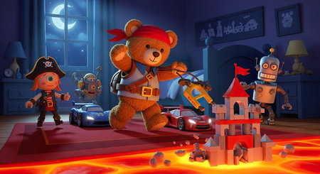 Teddy bear playing in a children's room with a castle and toysの素材