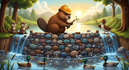 Vector illustration of a beaver in a hat on a rock near a waterfallの素材