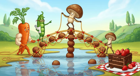 Vector illustration of Cartoon man and mushrooms on the bridge over the riverの素材