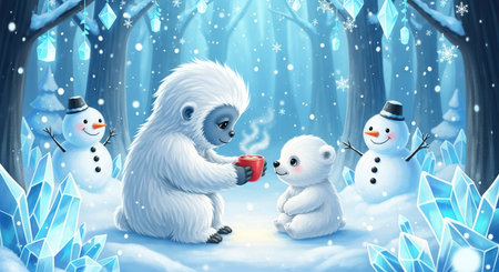 Snowman and bear in winter forest. Christmas and New Year theme.の素材
