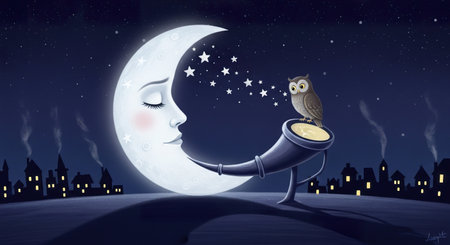 Illustration of a cute owl on the moon and a magic lampの素材