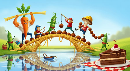 Happy kids having fun on the bridge over the river. Vector illustration.の素材