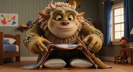3d illustration of a cute monster sitting in a childrens roomの素材