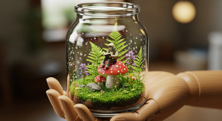 Fantasy mushroom in a glass jar in the hands of a manの素材