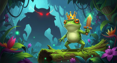 Illustration of a frog prince with a sword and a crown in the jungleの素材