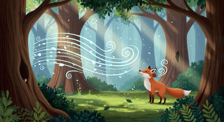 Fantasy forest landscape with fox in the forest. Vector illustration.の素材