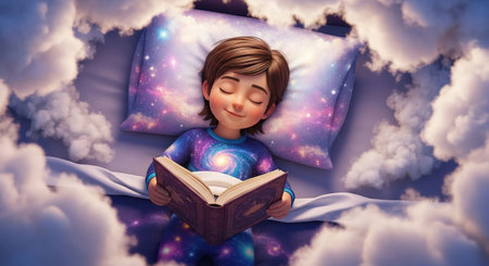Cute little girl reading a book while lying in bed at nightの素材