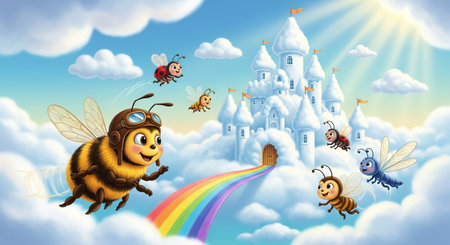 Cute cartoon bee flying in the sky with castle and rainbow illustrationの素材
