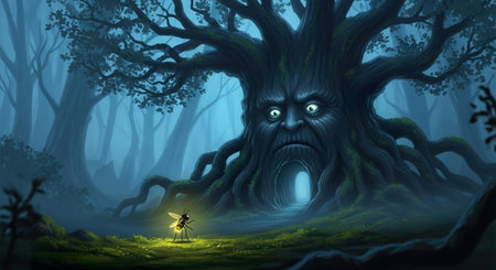 Scary Halloween background with creepy tree and monster. Vector illustration.の素材