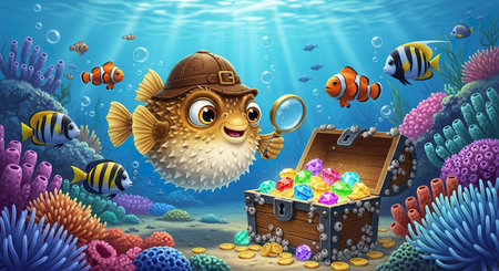 Illustration of a happy fish and a treasure chest in the seaの素材