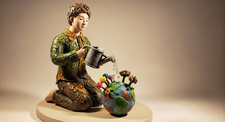 Statuette of a girl with a watering can in her handsの素材