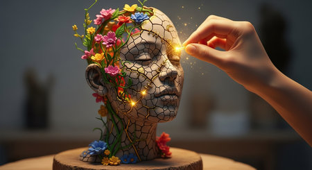 Artificial human head with flowers and lights. 3D rendering.の素材