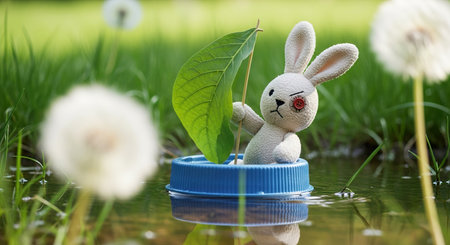 Easter bunny with a green leaf and dandelions in the waterの素材