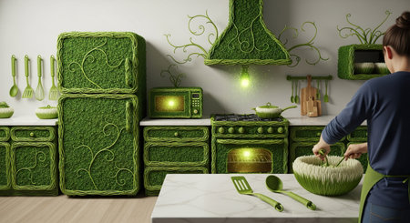 Woman cooking in modern kitchen with green plants. 3D rendering.の素材