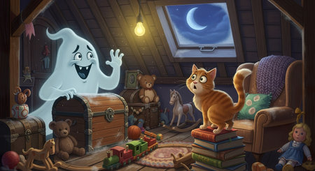 cartoon scene with witch and cat in the room - illustration for childrenの素材