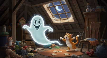 Halloween ghost in the attic of the house. 3D renderingの素材