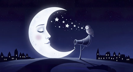 Illustration of the moon and a bird on the background of the night cityの素材