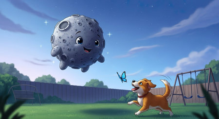 cartoon scene with happy dog and planet in the field illustration for childrenの素材
